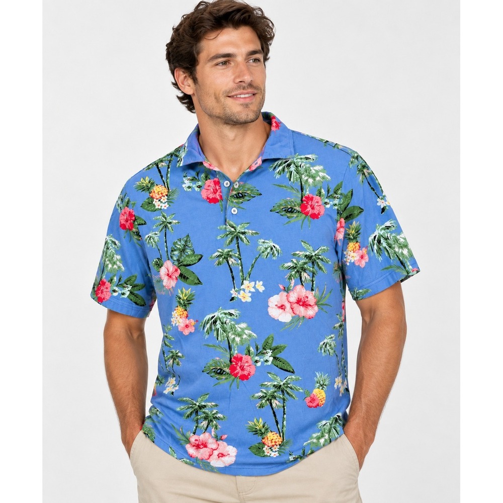 Cremieux Quiet Luxury Men's Blue Tropical Floral Palm Tree Polo Shirt Medium